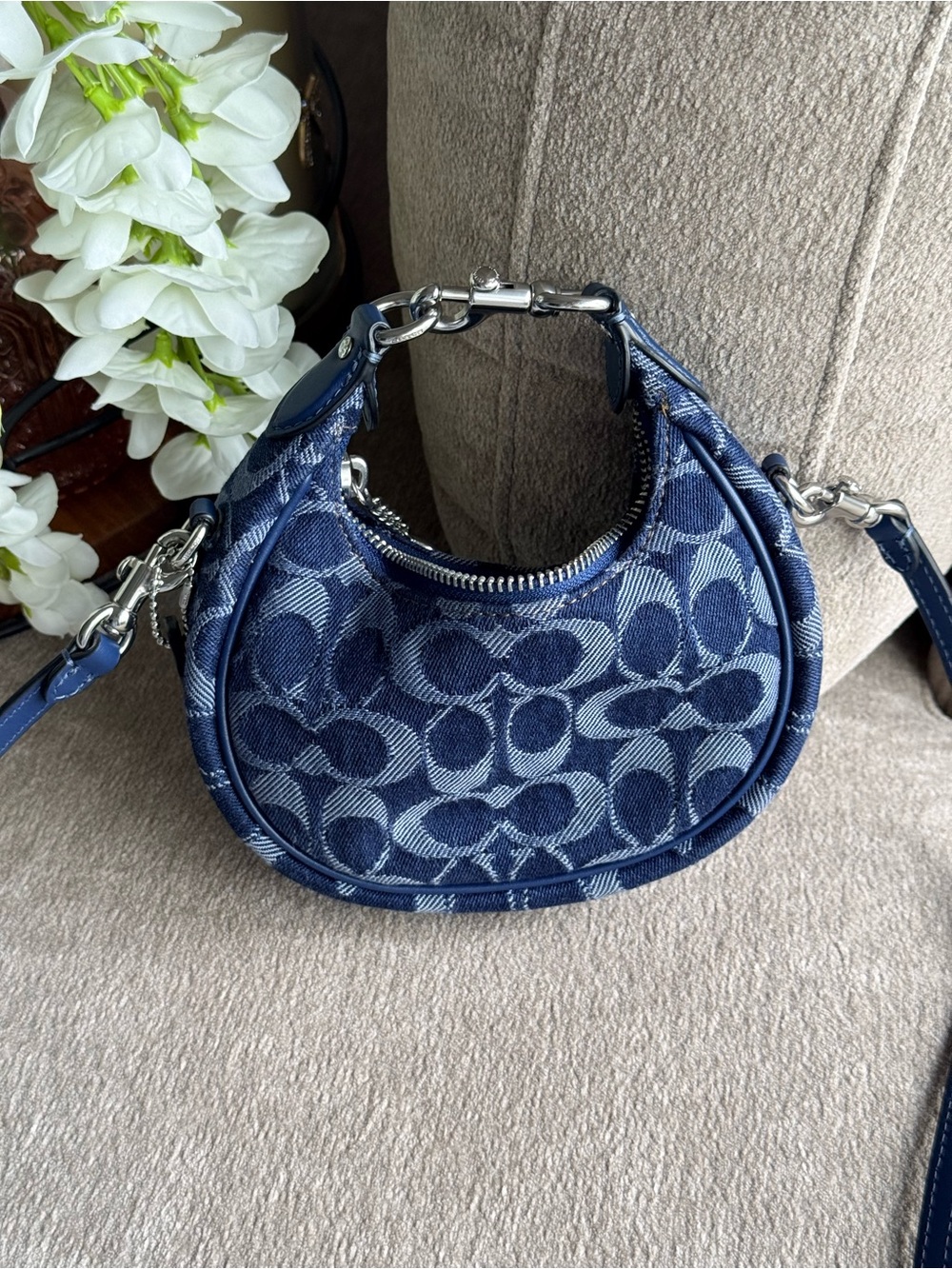 Coach Denim Signature Jonie Mini Crescent Shoulder Bag in Blue NWOT